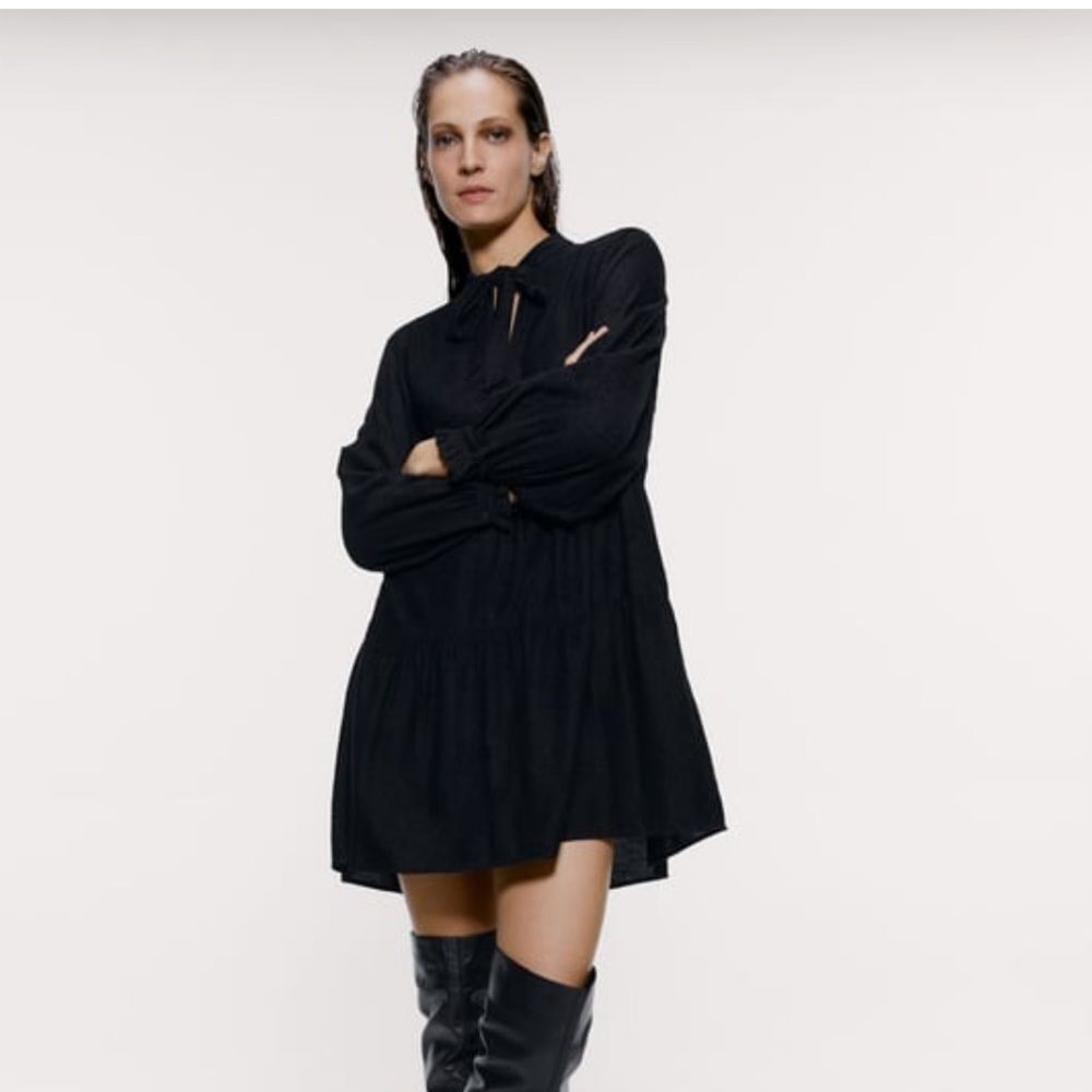 Zara black textured tiered mini dress with bow detail size X-Large